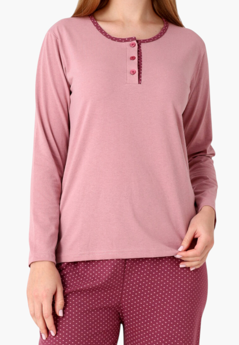 Falio women's insulated cotton pajama set with a dusty pink long-sleeve top and burgundy polka dot trousers.
