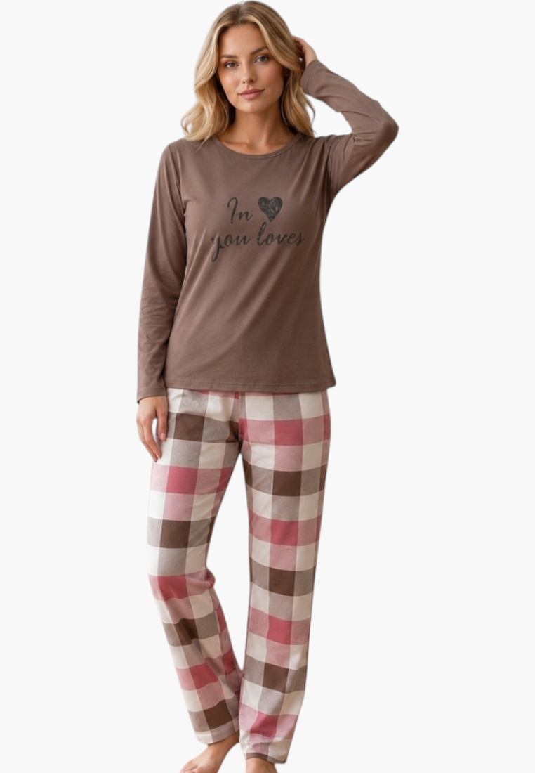 Falio women's insulated cotton pajama set with a brown long-sleeve top and pink and brown plaid bottoms.