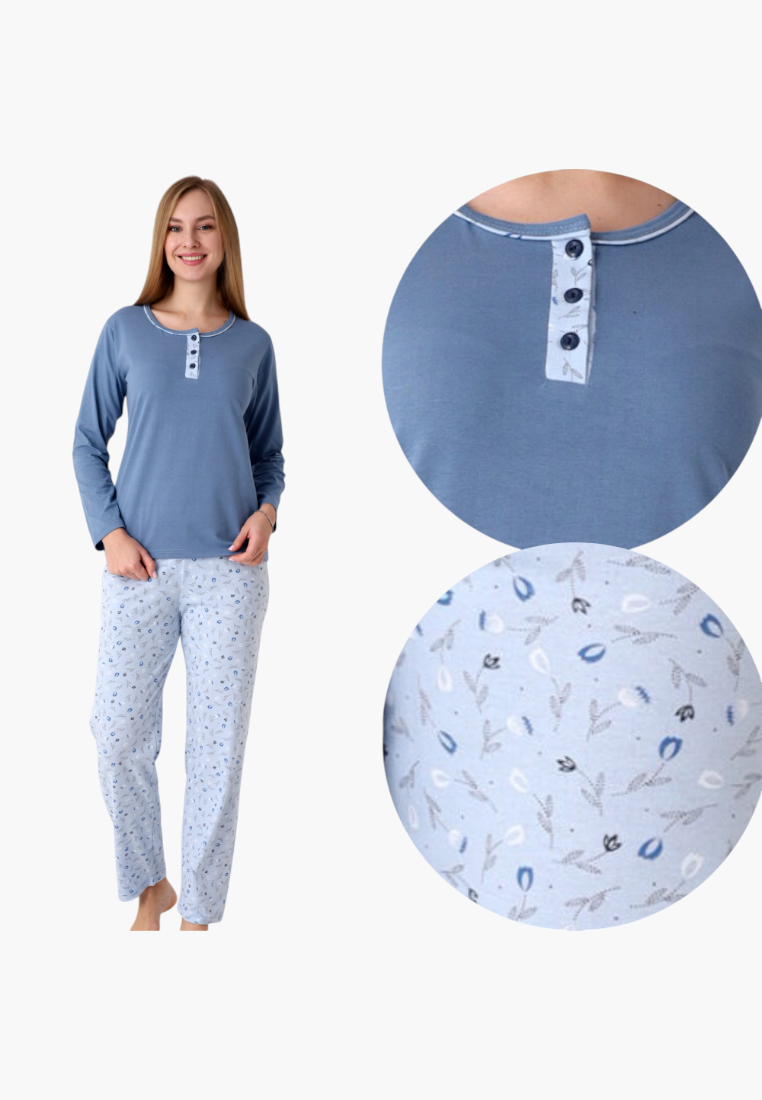 Falio women's insulated cotton pajama set with a blue long-sleeve top and floral print trousers.