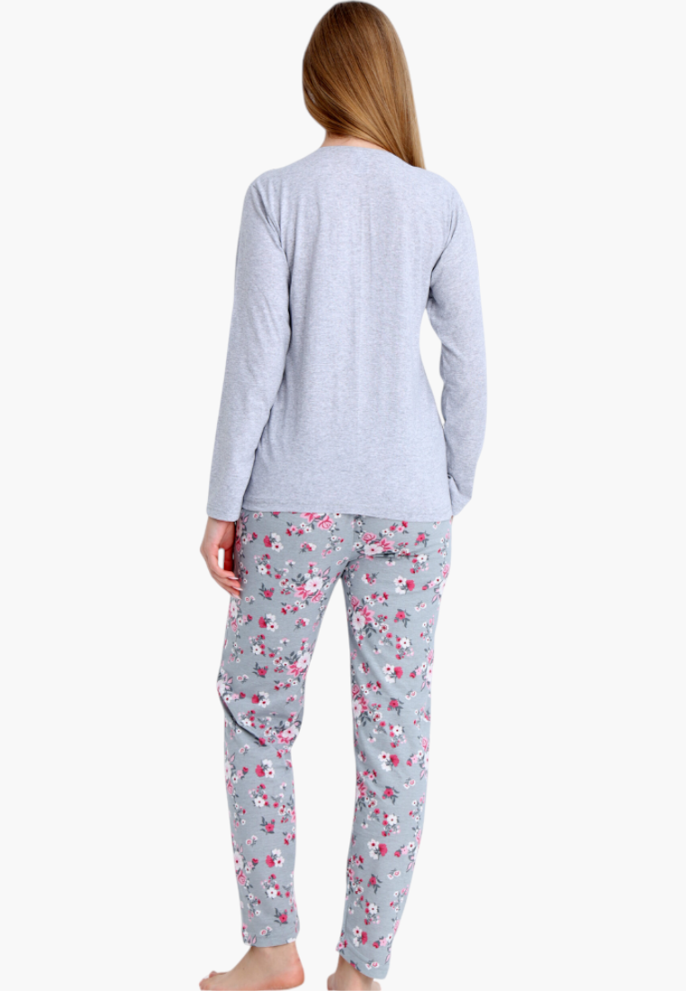 Falio women's insulated cotton pajama set with a grey long-sleeve top and floral print trousers, back view