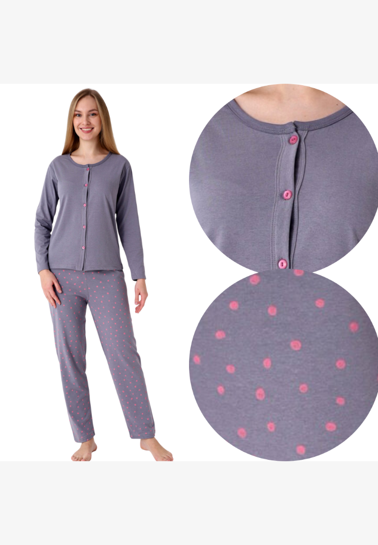 Falio women's insulated cotton pajama set in grey with pink polka dot trousers and button-down long sleeve top