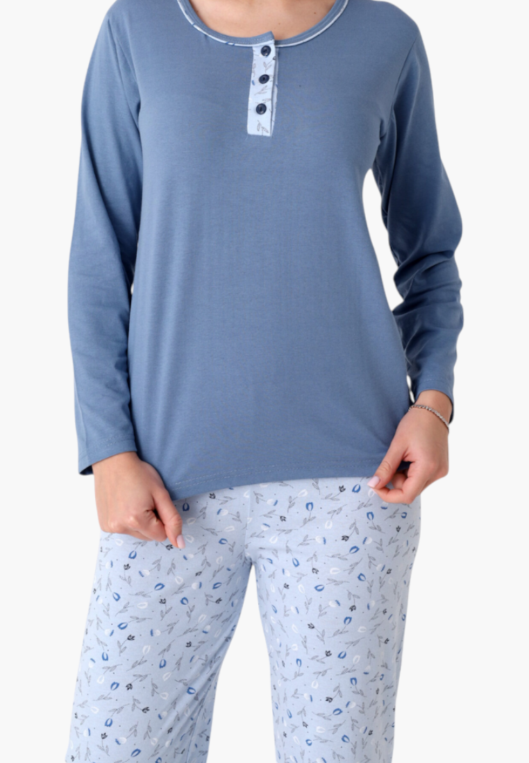 Falio women's insulated cotton pajama set with a blue long-sleeve top and patterned trousers