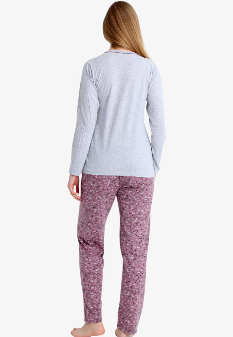 Falio women's insulated cotton pajama set with a grey long-sleeve top and patterned mauve trousers, back view