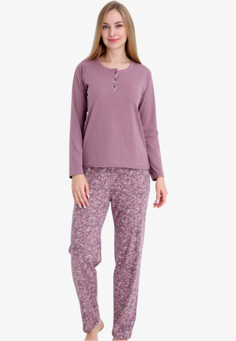 Falio women's insulated cotton pajama set with a mauve long-sleeve top and floral print trousers