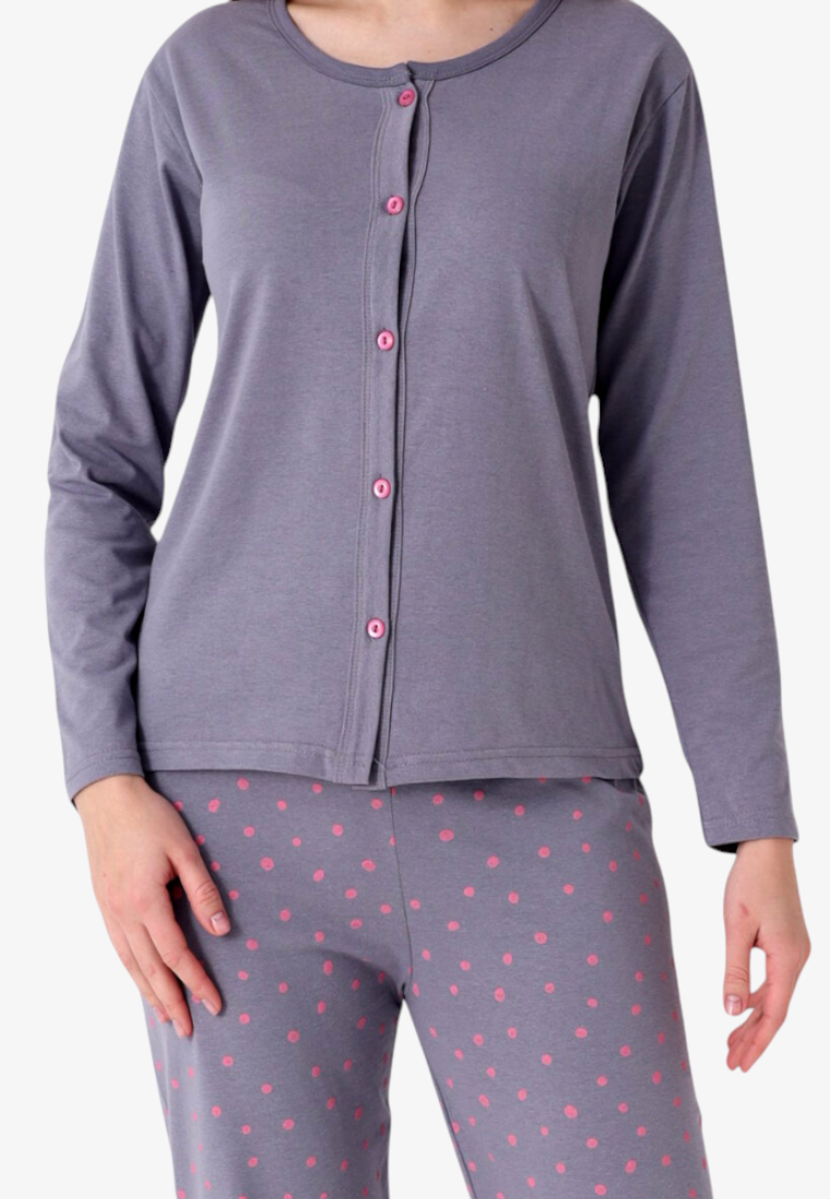 Falio women's insulated cotton pajama set featuring a grey button-down long-sleeve top and polka dot trousers.
