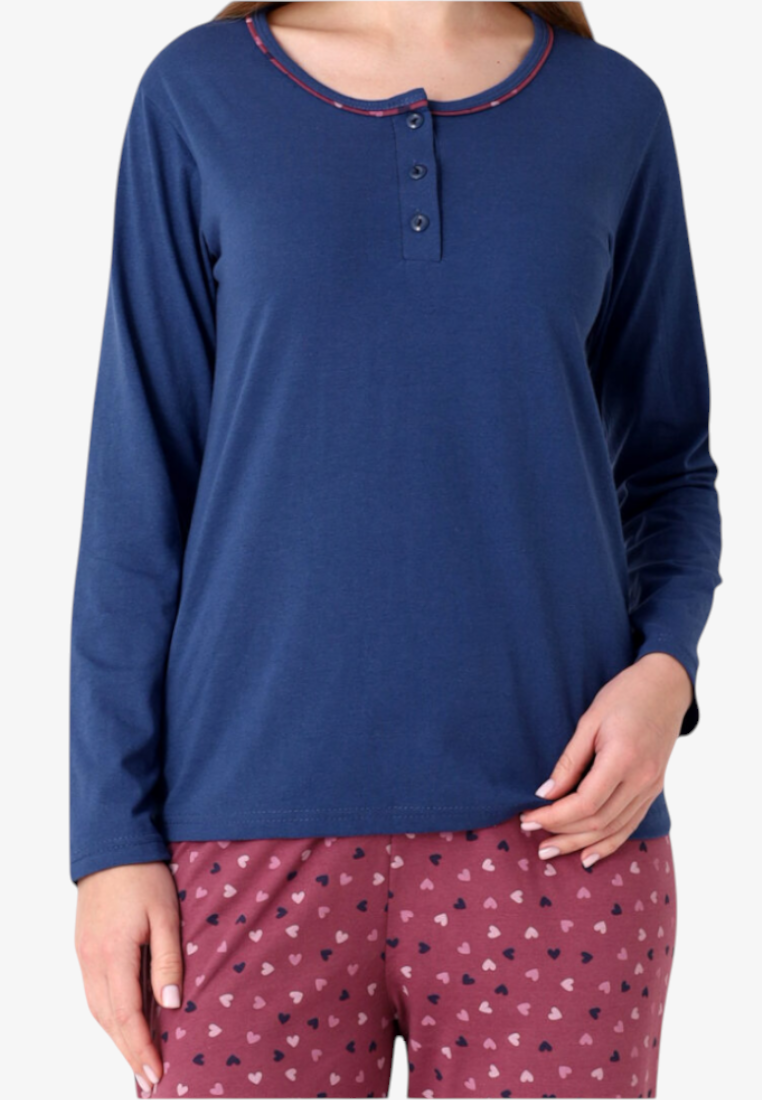 Falio women's insulated cotton pajama set featuring a navy long-sleeve top with buttons and burgundy heart-print pants.