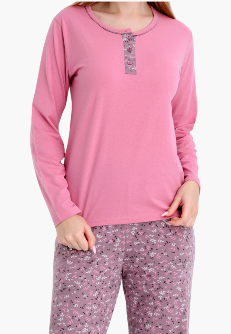 Falio women's insulated cotton pajama set with a pink long-sleeved top and patterned trousers with a round neckline