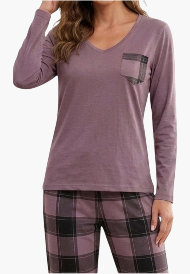 Falio women's insulated cotton pajama set in mauve with a V-neck long-sleeve top and plaid patterned bottoms