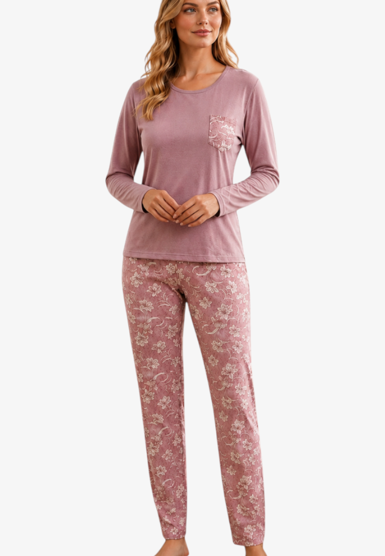 Falio women's insulated cotton pajama set with long sleeves, round neck, and floral print trousers in dusty pink.