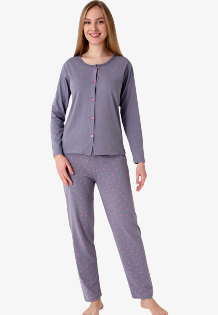 Falio women's insulated cotton pajama set with a grey button-down long-sleeve top and polka dot trousers