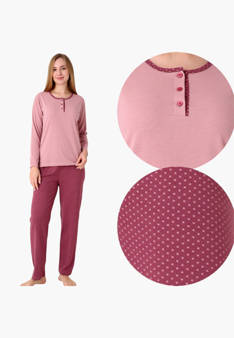 Falio women's insulated cotton pajama set with long sleeves, round neckline with buttons, and polka dot trousers.