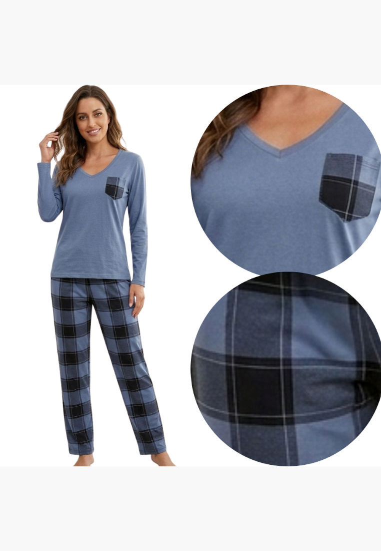 Falio women's insulated cotton pajama set with a blue long-sleeve v-neck top and plaid patterned trousers