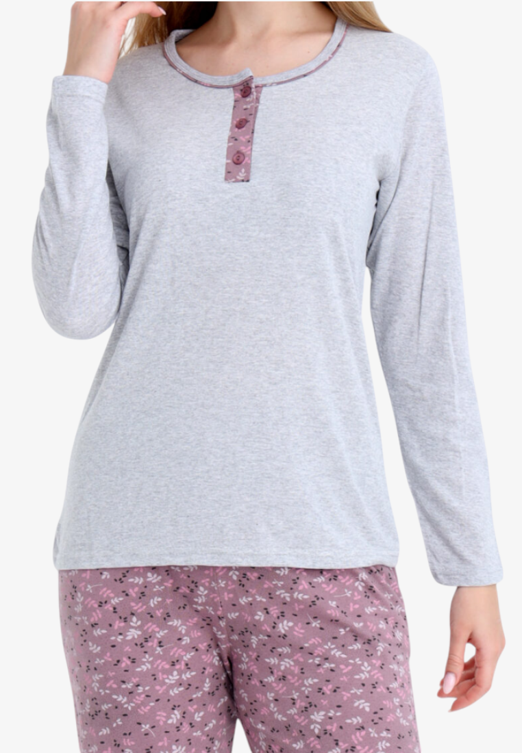 Falio women's insulated cotton pajama set with a grey long-sleeve top and floral print trousers