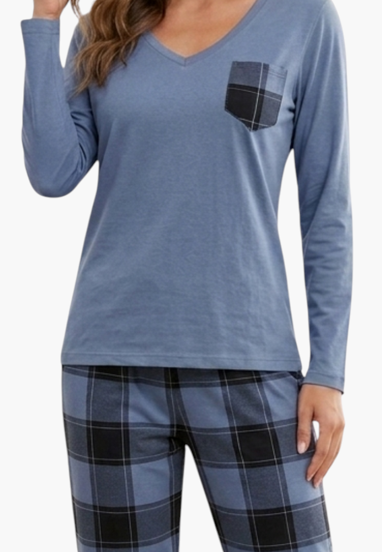 Falio women's insulated cotton pajama set featuring a blue long-sleeve top with a pocket and plaid bottoms.