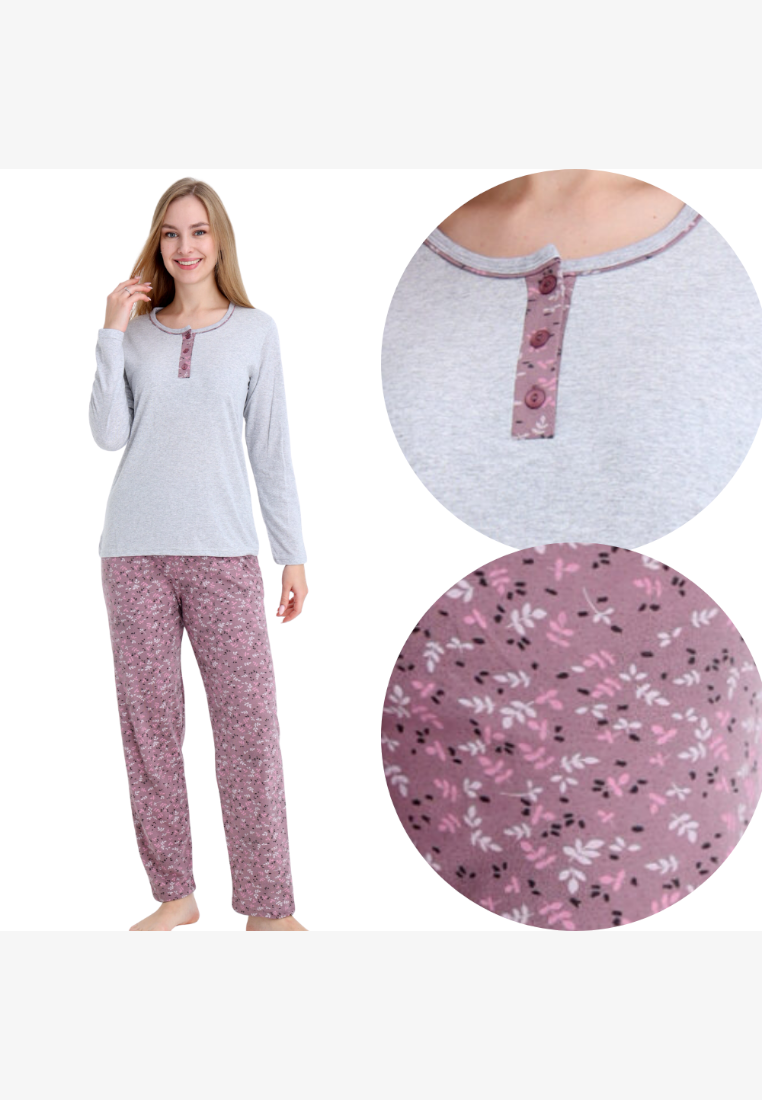 Falio women's insulated cotton pajama set featuring a grey long-sleeve top and floral print trousers.