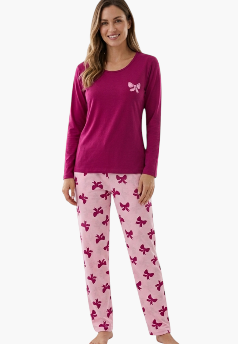Falio women's insulated cotton pajama set with a magenta long-sleeve top and light pink bow-patterned trousers.
