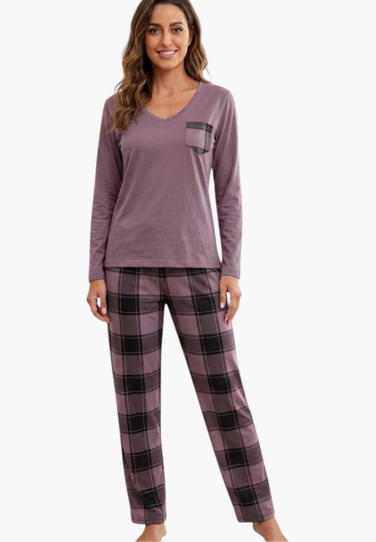 Falio women's insulated cotton pajama set featuring a mauve long-sleeve top with pocket and plaid trousers
