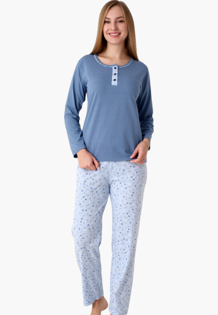 Falio women's insulated cotton pajama set with a blue long-sleeve top and patterned light blue trousers