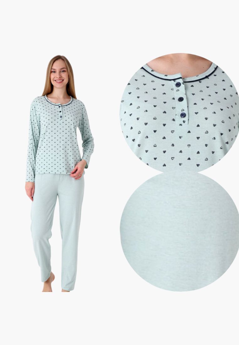 Falio women's insulated cotton pajama set in light green with a heart pattern, long sleeves, and button-up neckline.