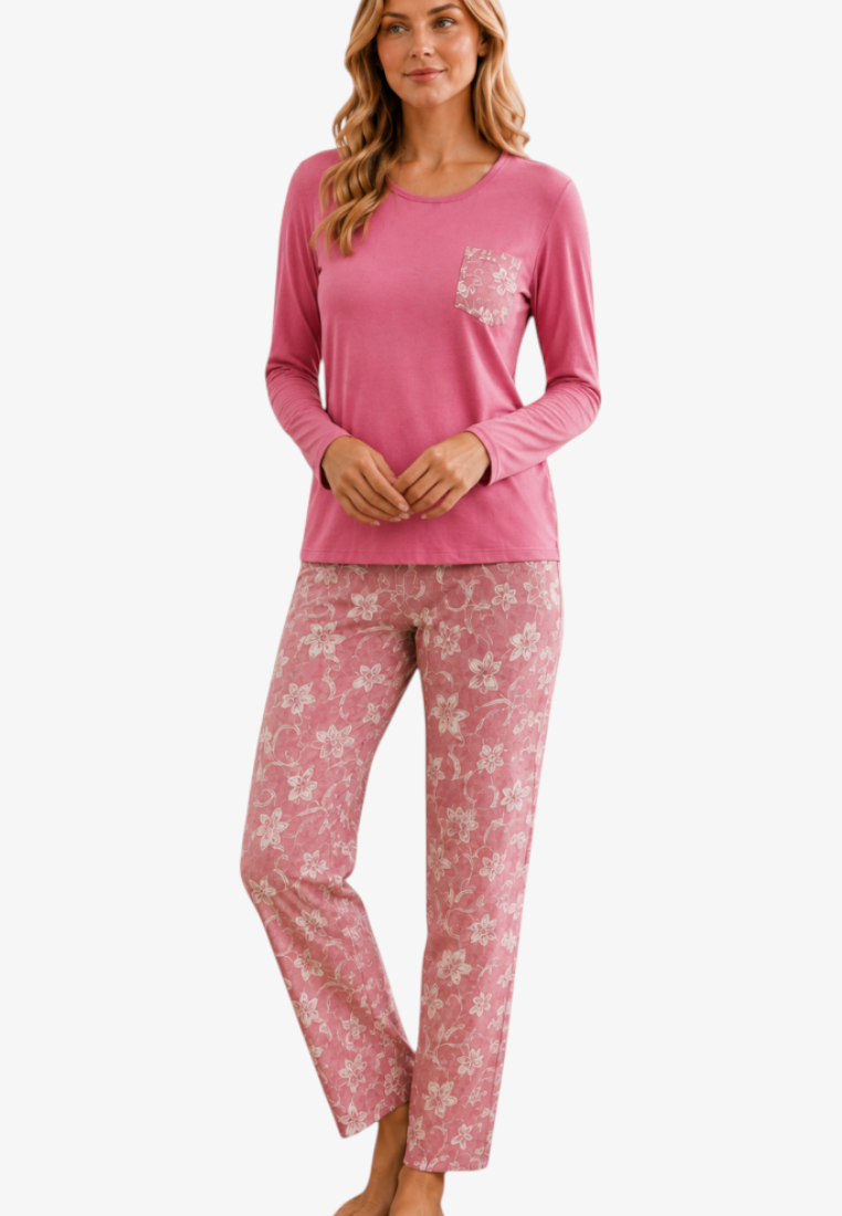Falio women's insulated cotton pajama set featuring a pink long-sleeve top and floral print trousers.