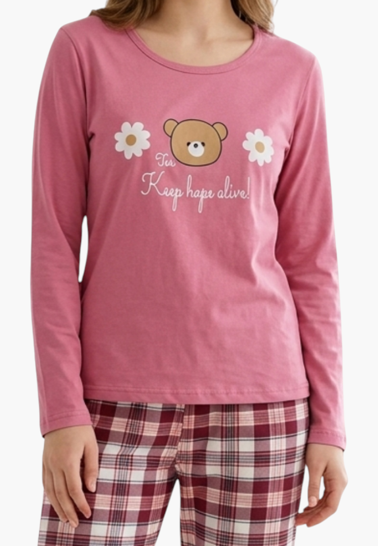 Falio women's insulated cotton pajama set with a pink long-sleeve top featuring a bear graphic and plaid bottoms.