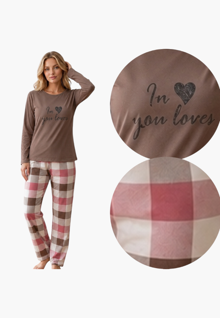 Falio women's insulated cotton pajama set with brown long-sleeve top and pink and brown plaid bottoms