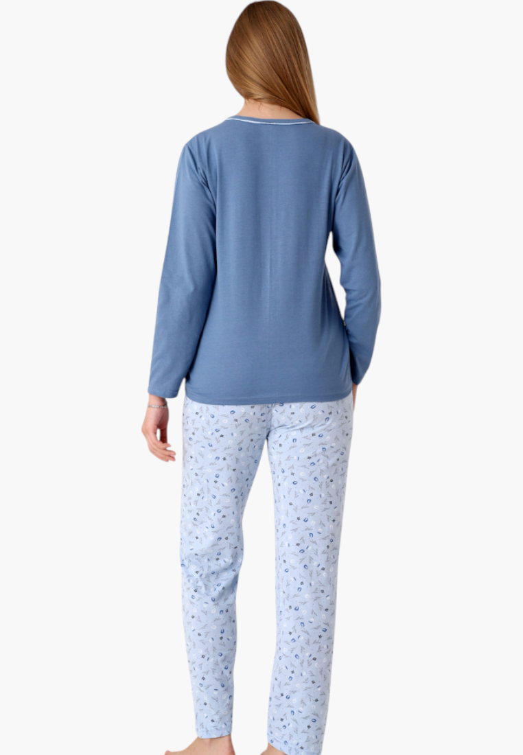 Falio women's insulated cotton pajama set with a blue long-sleeve top and patterned trousers, back view