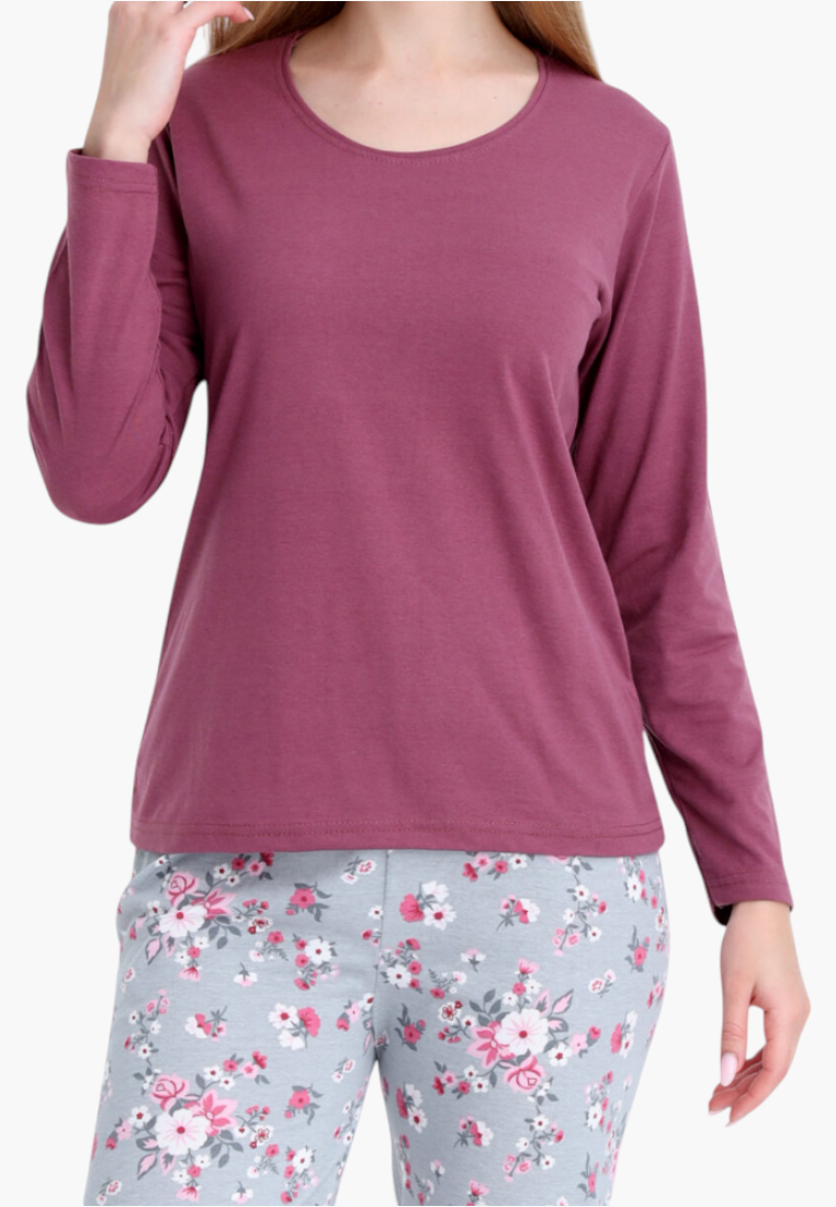 Falio women's insulated cotton pajama set with a solid mauve long-sleeve top and grey floral print bottoms