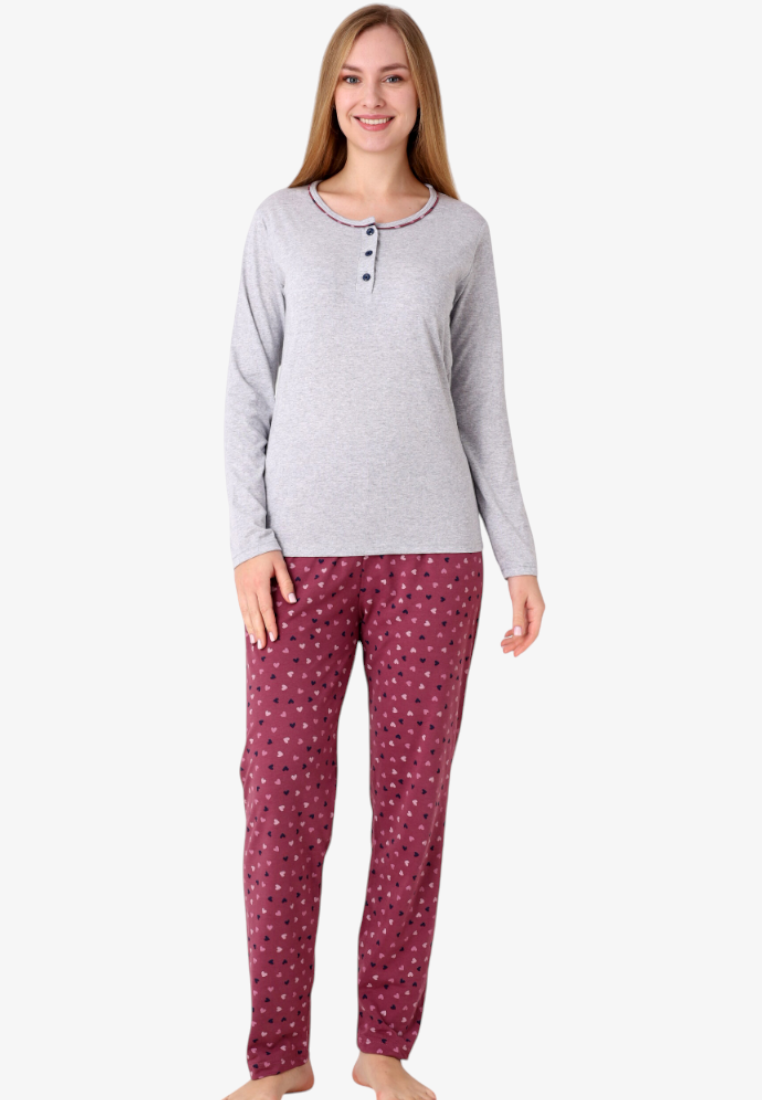 Falio women's insulated cotton pajama set with a grey long-sleeve top and maroon heart-print trousers
