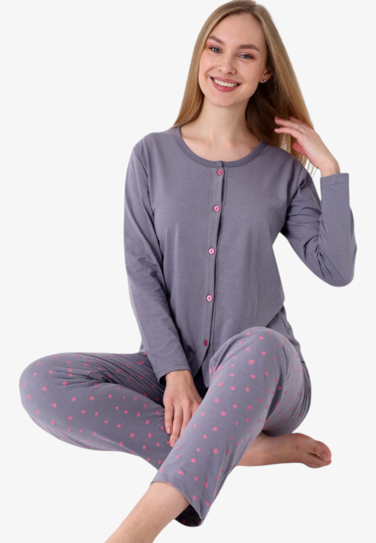 Falio women's insulated cotton pajama set in grey with pink polka dots, featuring a button-down top and long sleeves.