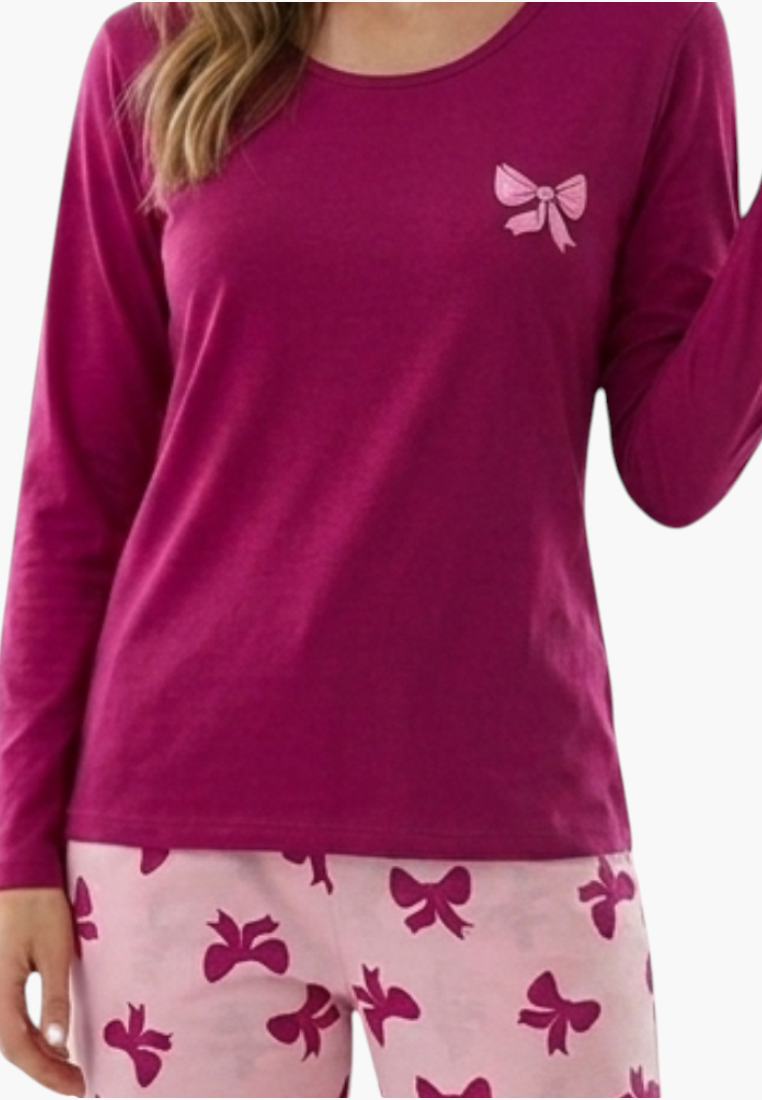 Falio women's insulated cotton pajama set featuring a magenta long-sleeve top and light pink bow-patterned bottoms.
