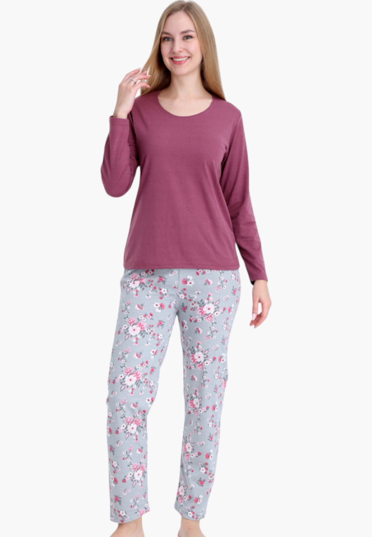 Falio women's insulated cotton pajama set with a solid mauve long-sleeve top and floral print grey trousers.