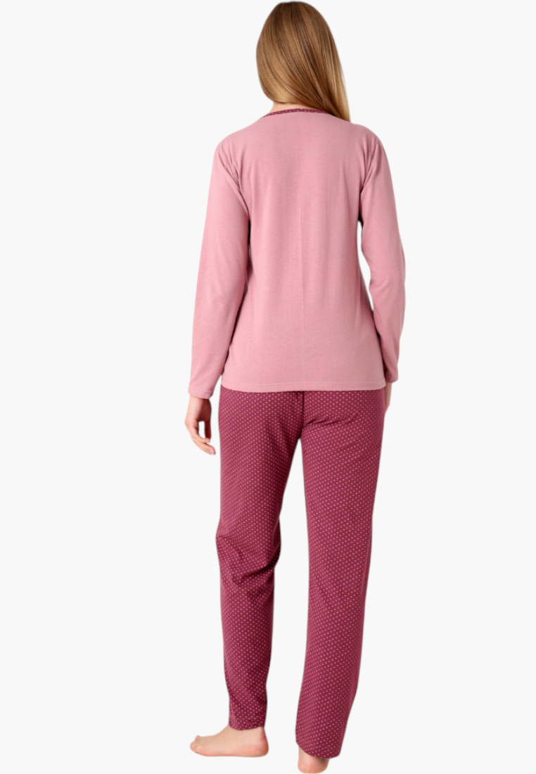 Falio women's insulated cotton pajama set with a pink long-sleeve top and patterned burgundy trousers, back view.