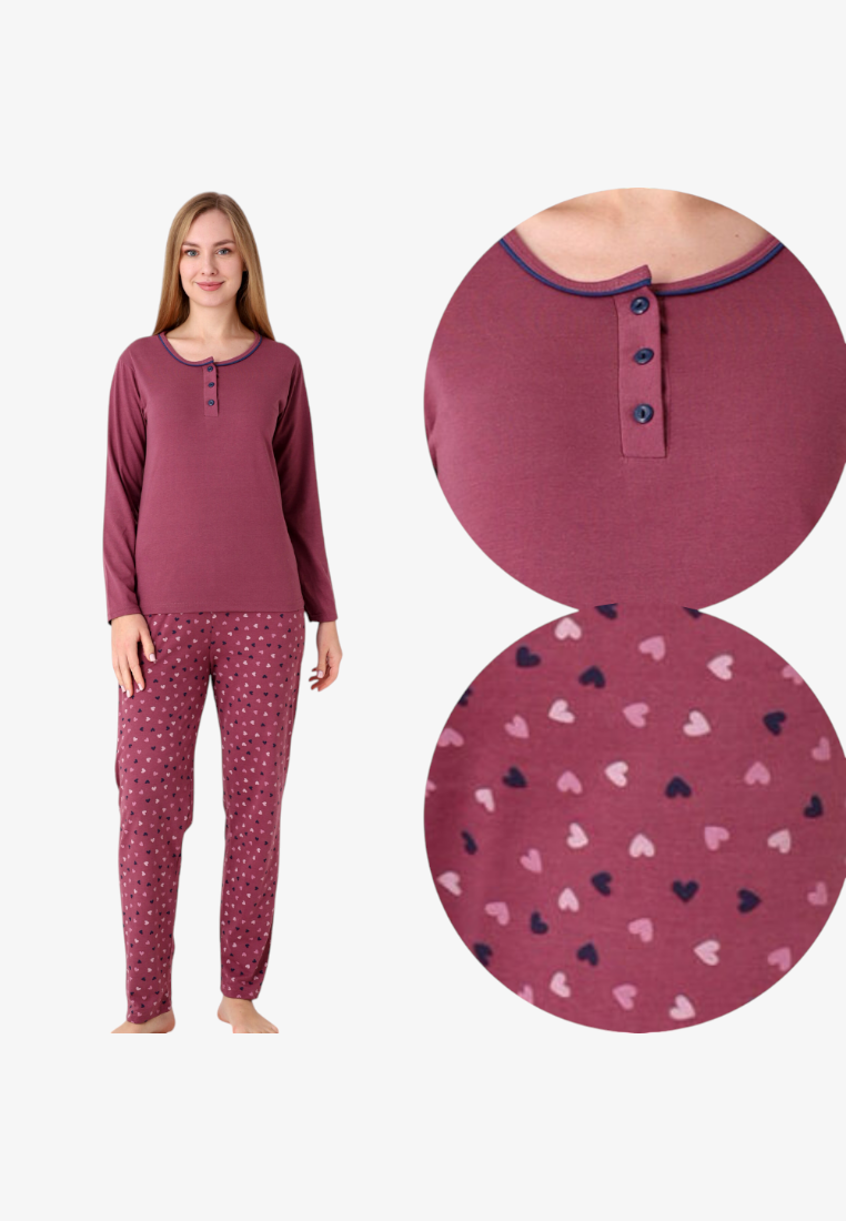Falio women's insulated cotton pajama set with long sleeves, round neckline, and a burgundy heart-patterned print.