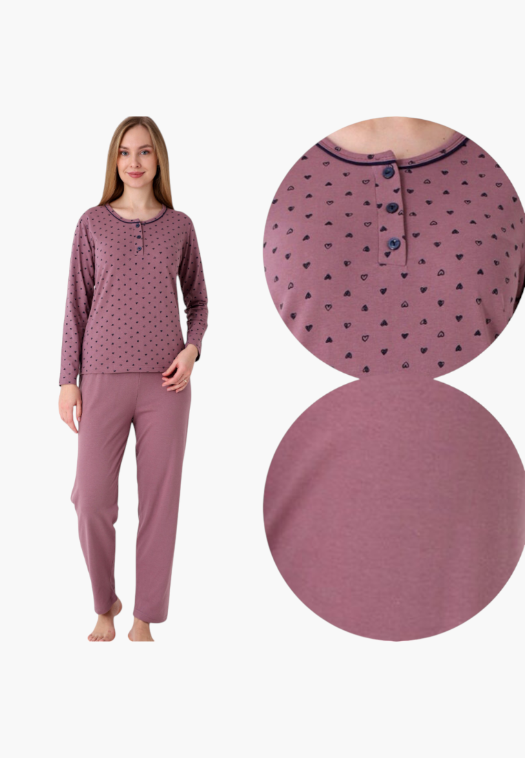 Falio women's insulated cotton pajama set in dusty pink with a small heart pattern, long sleeves, and button detail.