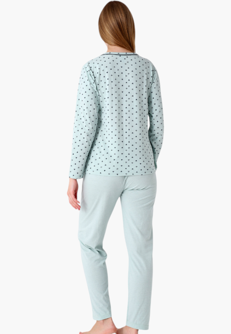 Falio women's insulated cotton pajamas in light green with a small heart pattern, long sleeves, and round neckline.