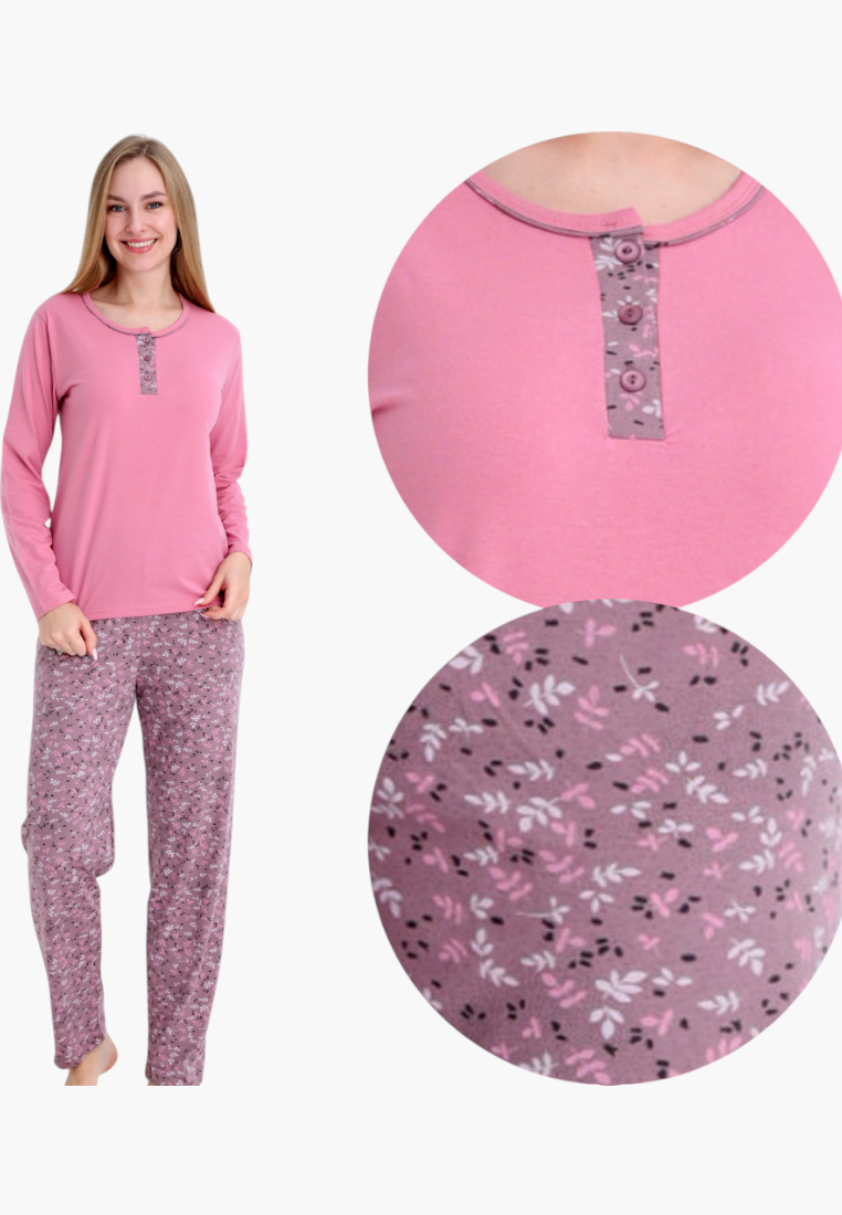 Falio women's insulated cotton pajamas with a pink long-sleeve top and floral print trousers