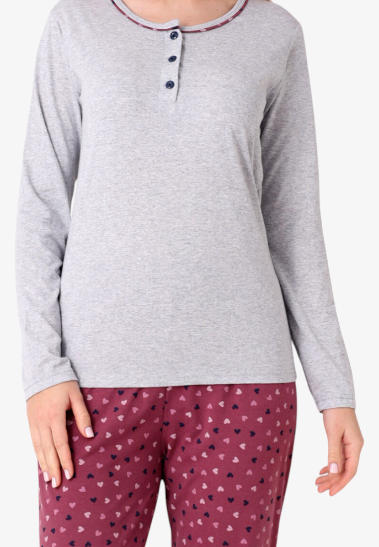 Falio women's insulated cotton pajamas with a grey long-sleeve top and burgundy heart-patterned bottoms