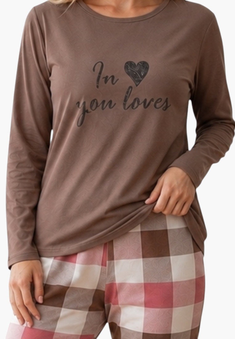 Falio women's insulated cotton pajama set with a brown long-sleeve top and plaid patterned bottoms