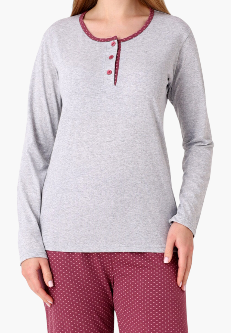 Falio women's insulated cotton pajamas featuring a grey long-sleeve top with a buttoned neckline and polka dot pants.