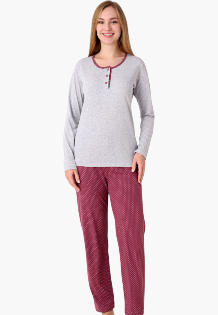 Falio women's insulated cotton pajama set with a grey long-sleeve top and burgundy polka dot trousers