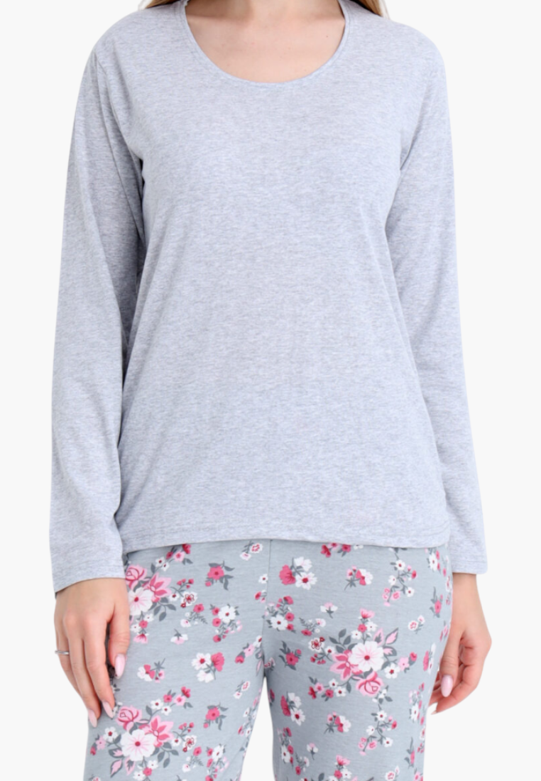 Falio women's insulated cotton pajamas with a grey long-sleeve top and floral patterned bottoms