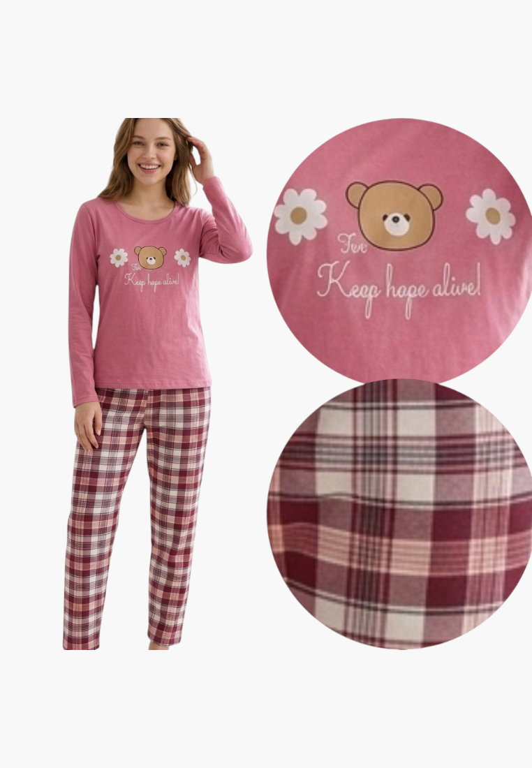 Falio women's insulated cotton pajamas with a pink long-sleeve top featuring a bear print and plaid bottoms.