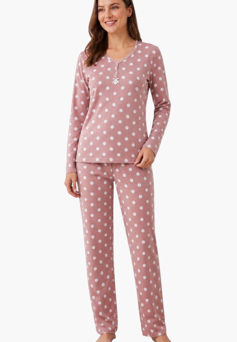 Falio women's insulated cotton pajama set in dusty pink with white polka dots, long sleeves, and round neckline.