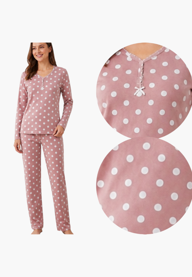 Falio women's insulated cotton pajama set in dusty pink with white polka dots, long sleeves, and round neckline.