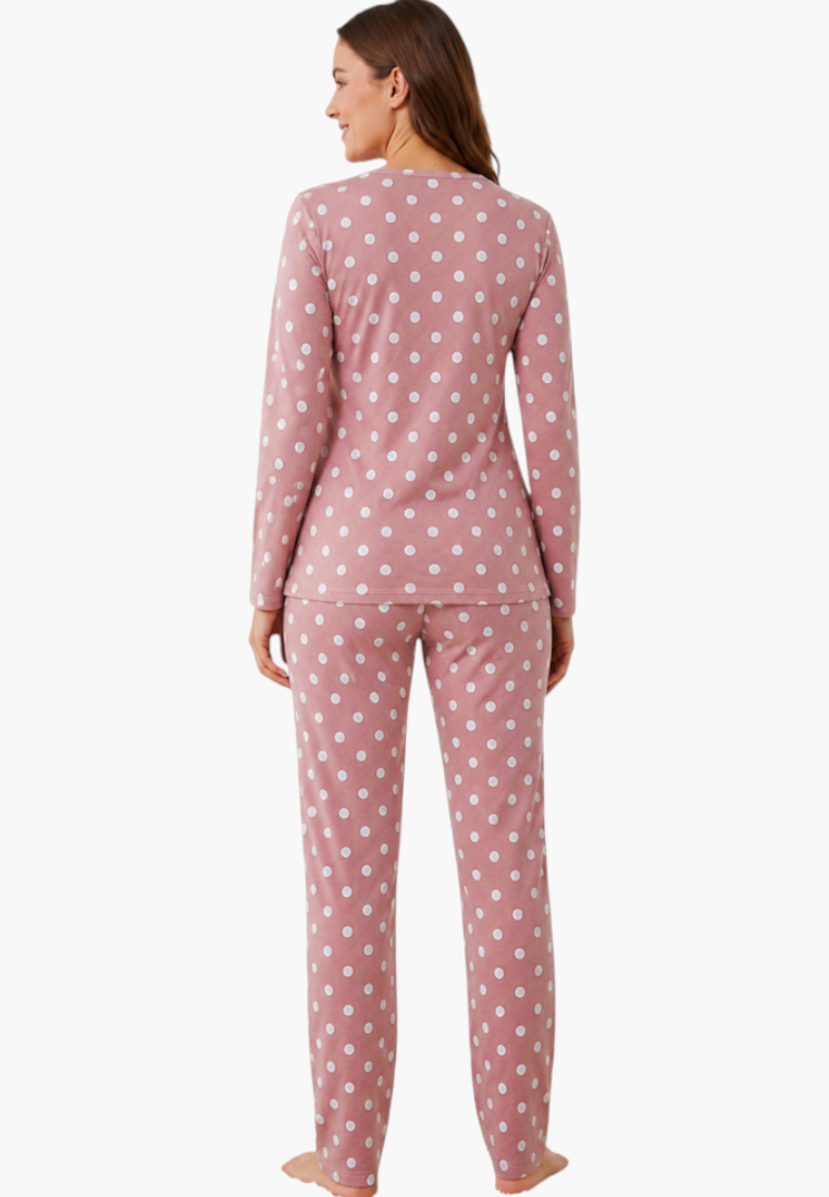 Falio women's insulated cotton pajama set in dusty pink with white polka dots, featuring long sleeves and round neck.