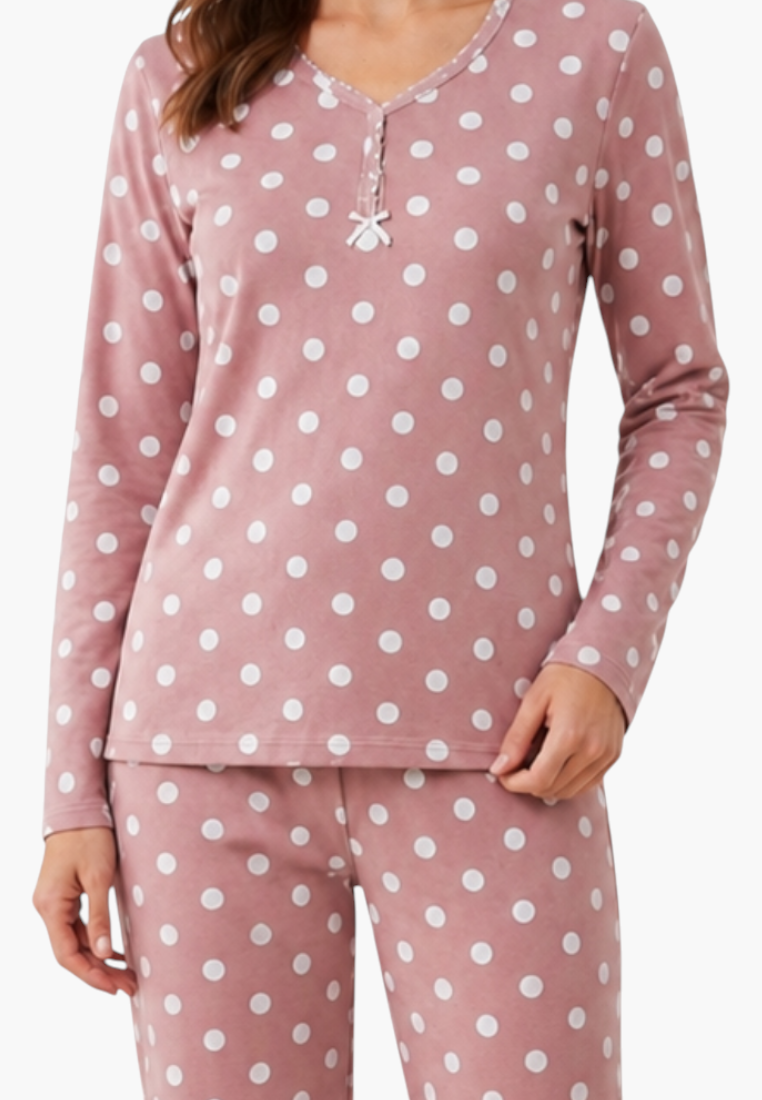 Falio women's insulated cotton pajama set in dusty pink with white polka dots, long sleeves, and round neckline.