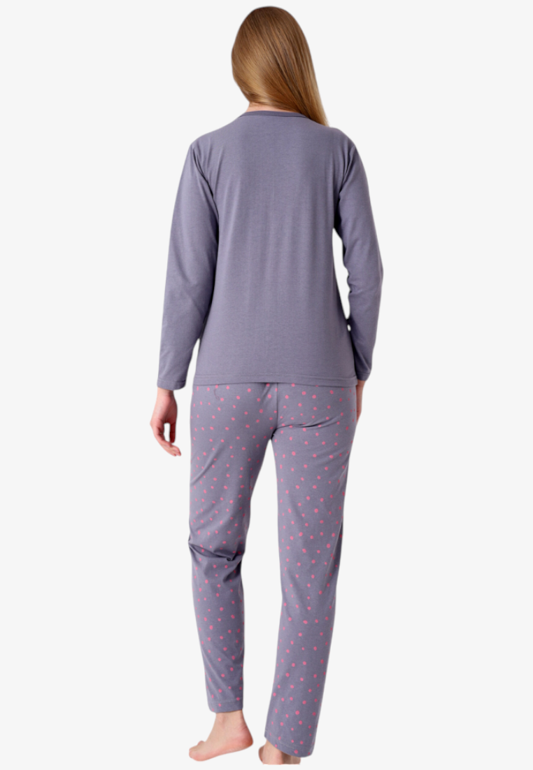 Falio women's insulated cotton pyjama set with long sleeves and grey polka dot trousers, back view