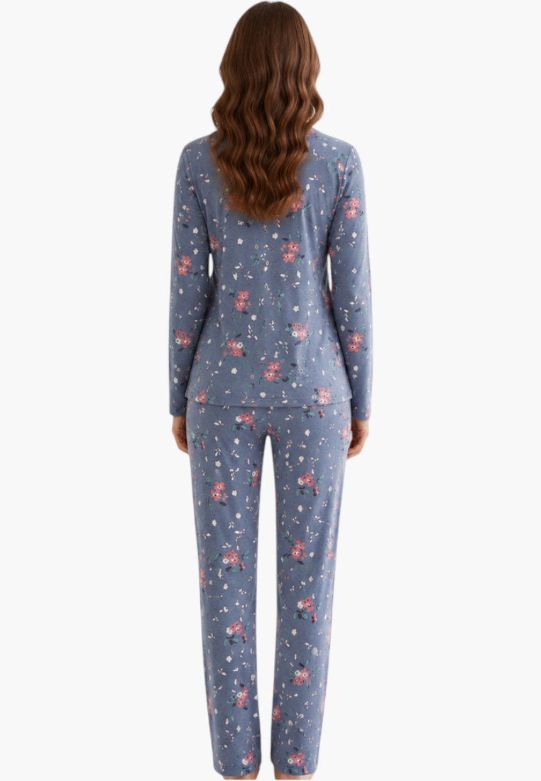 Falio women's insulated cotton pajama set with long sleeves and floral pattern in blue, back view on a model.