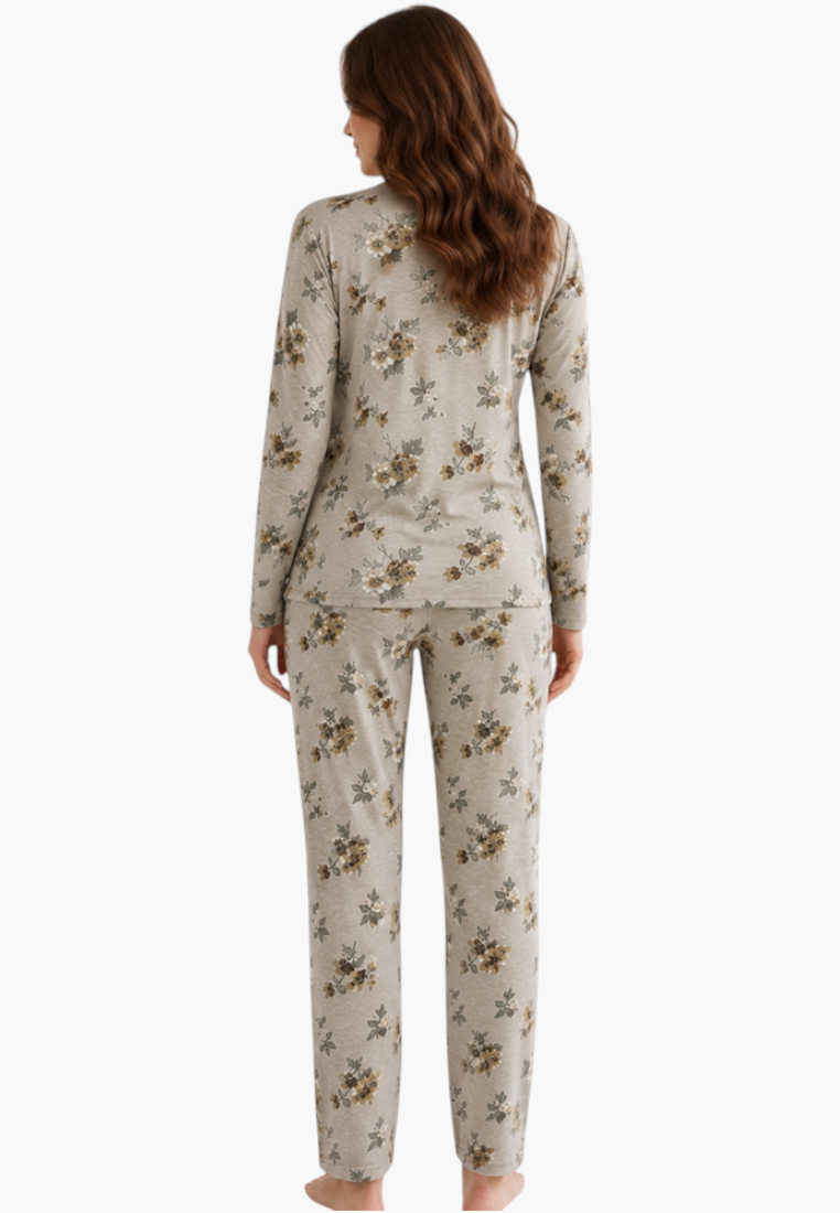Falio women's insulated cotton pajama set with long sleeves and a floral pattern, viewed from the back.